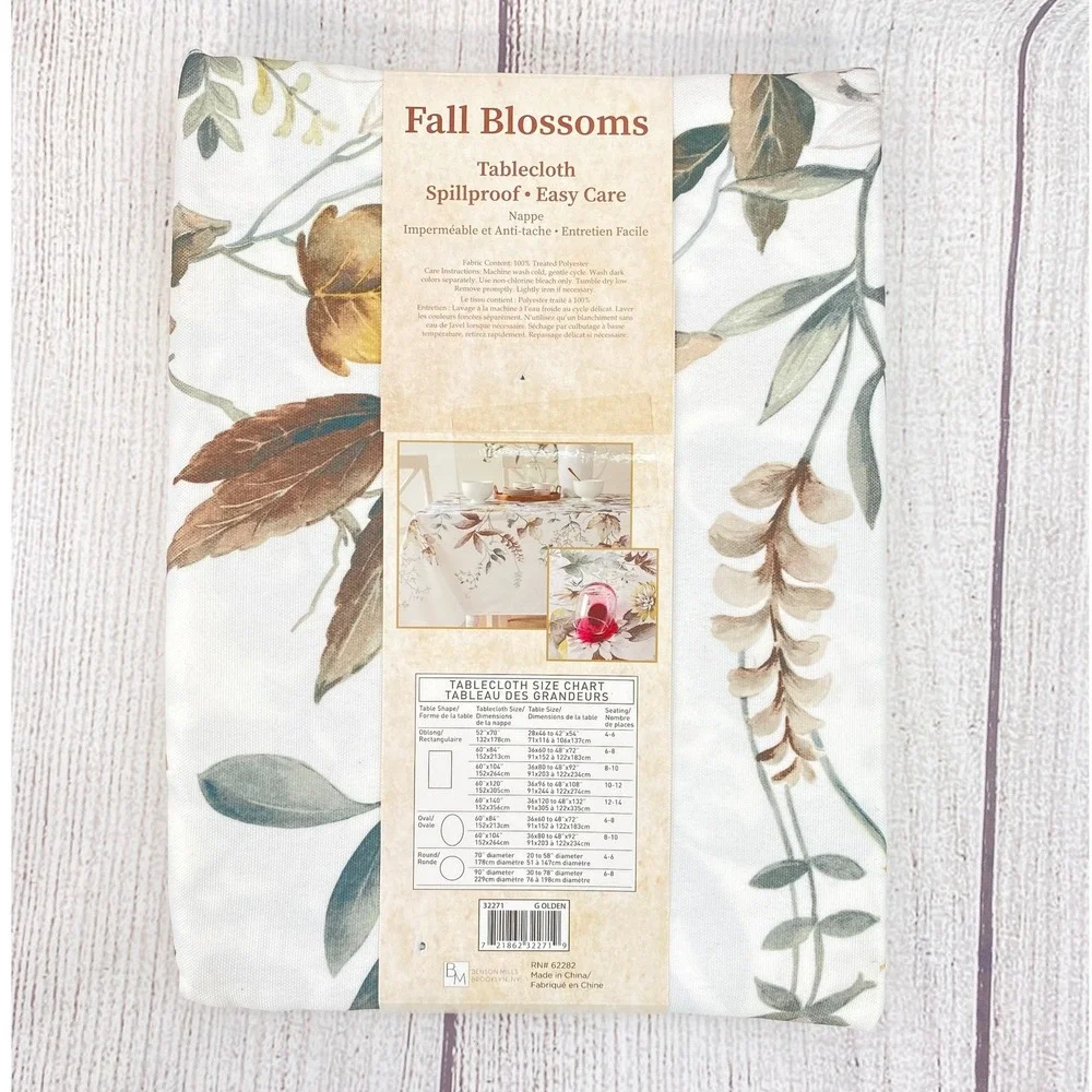 Benson Mills Fall Blossoms Tablecloth 60x84 Floral Spillproof Leaves Autumn